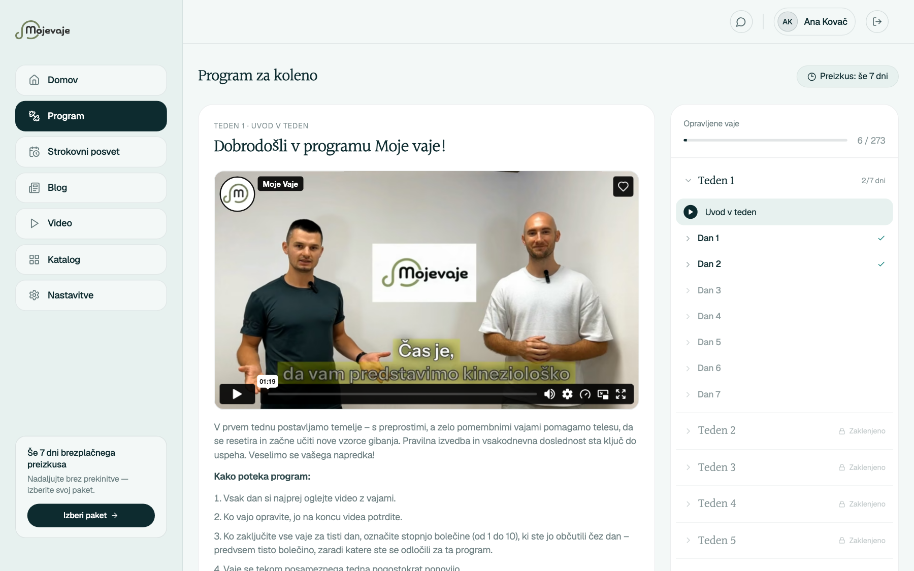 Program za koleno v aplikaciji Moje vaje